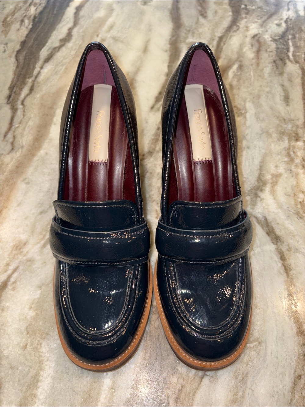Franco Sarto Navy Patent Leather Block Heel Loafers - Picture 2 of 9